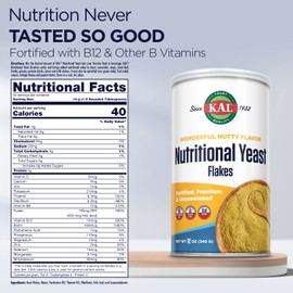 KAL Nutritional Yeast Flakes | Vitamin B12, Vegan, Non-GMO, Gluten Free | Unsweetened, Great Flavor, No Bitter Aftertaste | Great For Cooking | 12 oz (12 oz)