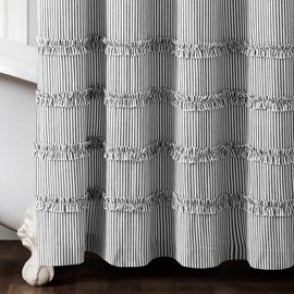 Lush Decor Vintage Stripe Yarn Dyed Cotton Shower Curtain, 72" x 72", Black