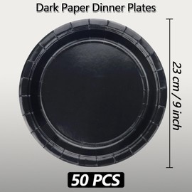 50 Pcs Black Paper Plates, Round Black Dessert Plates Birthday Party Supplies for Black Party Decorations Anniversary Graduation Retirement Daily Use，9 Inch