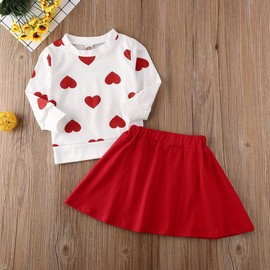 GOOCHEER Valentine's Day Toddler Girl Outfit Heart Long Sleeve Top Skirt 2pcs Kids Toddler Girl Valentine's Day Clothes Set (Red Heart, 4-5T)