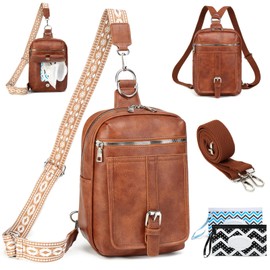 Travistar Chest Bag Sling Bag Women Men 2 in 1 Backpack Women's Changing Bag with 2 Removable Shoulder Straps and Wet Wipe Bag, PU Leather Shoulder Bag Crossbody Bag Women Brown
