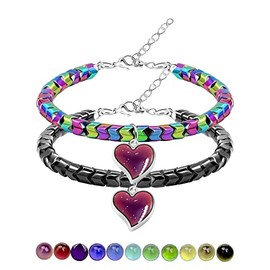 Uloveido 2pcs Gear-shaped Hematite Bracelets for Him and Her, Color Changing Mood Heart Bangles Wedding Promise Couples Gifts Y1995-UK (Multi Black)