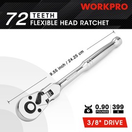 WORKPRO Ratchet Handle, Ratchet Wrench, Socket Wrench, Insertion Angle 0.37 inches (9.5 mm), Swing Type, 4 Levels Adjustment, Easy Rotation Direction, Quick Release Button, Vanadium Steel Head, 72 Gear