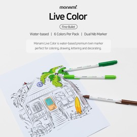 MONAMI LIVE COLOR Water-Based Twin Marker, Fine & Bullet Dual Tip Marker for Coloring/Drawing/Lettering/Decorating/Writing on notebooks and planners, New White Body Design 10C-Pack