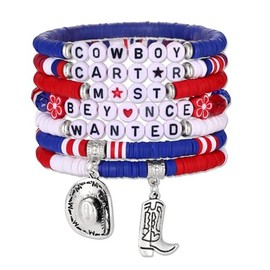Western Cowboy Bracelets - Country Concert Festival Red White Blue Heishi Beaded Bracelets Christmas Birthday Labor Day Gifts Cowgirl Boot Hat Charm Stackable Friendship Bracelets Cowboy Carter Outfit for Women