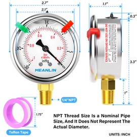 MEANLIN MEASURE -30inHG~0Psi Vacuum Pressure Gauge 1/4" NPT 2.5" FACE DIAL, Stainless Steel Liquid Filled Pressure Gauge WOG Water Oil Air Lower Mount(with 2PCS Snaps)