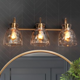 KSANA Black Gold Bathroom Light Fixtures, 3 Light Modern Vanity Lights with Textured Glass Mid-Century Bathroom Vanity Lighting for Bedroom, Kitchen, Powder Room, Black & Electroplated Brass Finish