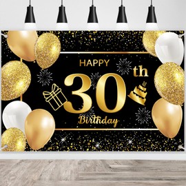 30th Birthday Banner, Happy 30th Birthday Decorations Banner 30th Photo Backdrop, Black Gold Birthday Party Background Supplies Anniversary Photo Booth Sign Poster Background for Men and Women