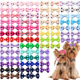 100PCS Polka Dot Puppy Bows for Small Size Dogs Girl Doggie Bows with Rubber Bands Colorful Ribbon Top Knot Bows for Pet Fur Grooming Accessories