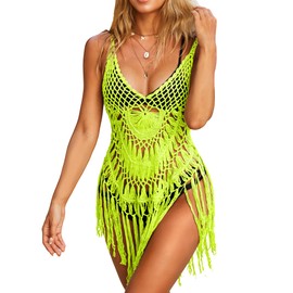 Ekouaer Beach Swimsuit Cover Up Women Crochet Bikini Coverups Summer Pool Swimwear Tassel Dress Neon Yellow