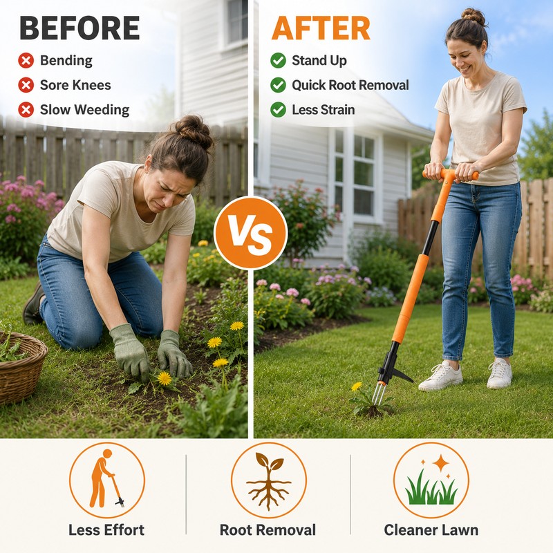 Stand-Up Weed Puller Tool for Home Gardens – 3-Claw Long