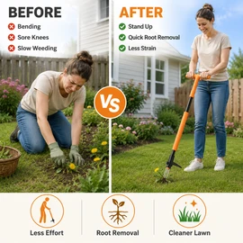 Stand-Up Weed Puller Tool for Home Gardens – 3-Claw Long Handle Weeder for Root Removal Without Bending