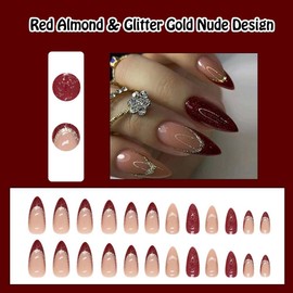 ANDGING Red Press on Nails Almond Short Medium French Tip on Fake Nail for Women with Glitter Gold Nude Design Stiletto Acrylic False Nails Manicure Stick on Nails for Wedding 24Pcs C31