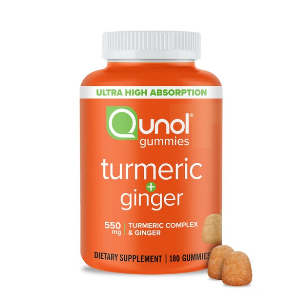 Qunol Turmeric and Ginger Gummies, Gummy with 500mg Turmeric + 50mg Ginger, Joint Support Supplement, Ultra High Absorption Tumeric and Ginger, Vegan, Gluten Free, 3 Month Supply 180ct Gummies
