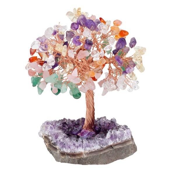 Nupuyai Natural Crystal Money Tree Wrapped on Amethyst Cluster Crystal Base, Tree of Life Healing Chips Bonsai Tree Figurines for Feng Shui Wealth 4.5-6" Tall, Multicolor