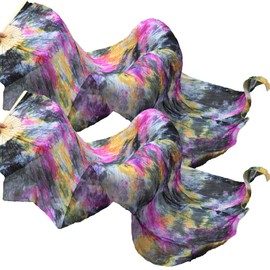 KIKIGOAL 1 Pair(Left+Right) Women Real Silk Belly Dance Fan Veil, Length 180cm Width 90cm (Black Pink)