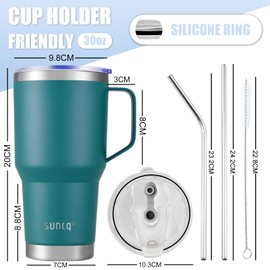 SUNTQ 30 oz 850 ml Tumbler with Handle - Reusable Travel Coffee Cup with Straw, Lid - Double-Walled Vacuum Insulated Coffee Cup - Stainless Steel Thermal Cup (Blue)