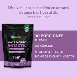 Wellthy Myo & D-Chiro Inositol en Polvo 369g. Mezcla Óptima 40:1, 4000mg Myo Inositol y 100mg D-Chiro Inositol, Ingredientes 100% Naturales, Gluten Free, Sugar Free, Vegan, Botlle Free.