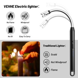 VEHHE Electric Lighter with 360° Flexible Neck, Flameless Windproof Long Candle Lighter with Led Battery Display, USB C Rechargeable Lighter with Hanging Hook for Gifts BBQ Fireworks (Black)