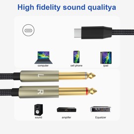 Ubramac USB C to Dual 6.35mm 1/4 inch Stereo Splitter Y Cable, USB Type C to Dual 6.35mm 1/4 inch TS Audio Cord for Smartphone, Tablet, Laptop Link Amplifier, Mixing Console Mixer, Speaker-10FT