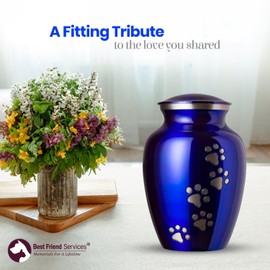 Best Friend Services Pet Urn - Ottillie Paws Legacy Memorial Pet Cremation Urns for Dogs and Cats Ashes Hand Carved Brass Memory Keepsake Urn (Large, Pure Blue, Vertical Pewter Paws)