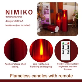 Nimiko Flickering Flameless Candles 7Pcs Upgraded Realistic Dancing Flame Battery Operated Candles,LED Candles with Remote and Timers,Acrylic Electric Pillar Candles for Festivals Decor(Red)