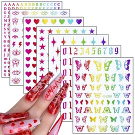 7 Sheets Laser Nail Art Stickers, Butterfly Heart Letters Numbers Stars Eyes Nail Self-Adhesive Sticker Design, 3D Gold Geometry Nail Transfer Decals for Women Girls Manicure Charms Decorations