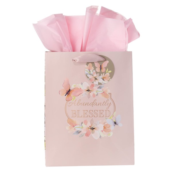 Christian Art Gifts Gift Bag/Tissue Paper Set Abundantly Blessed Deuteronomy 7:13 Bible Verse, Pink Butterfly, Medium