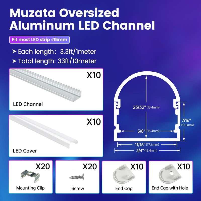Muzata 10Pack 3.3FT/1M Upgraded Excellent Spotless LED Channel Silver Deeper