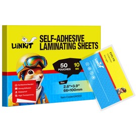 Uinkit 10 Mil 50 Pack Self Sealing Laminating Pouches, Laminate Plastic Sheets for 2.6 x 3.9-Inches Bussinesss Card Size Papers, Use in Office School Home Supplies, Glossy Finish, No Laminator Need