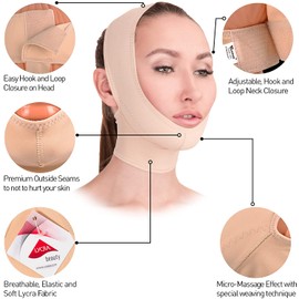 Post Surgical Chin Strap Bandage for Women - Neck and Chin Compression Garment Wrap - Face Slimmer, Jowl Tightening (Beige, L)