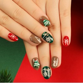Christmas Press on Nails Short Square Fake Nails Full Cover False Nails with Snowflase Designs Glossy Nails Acrylic Nails Press ons Christmas Glue on Nails Short Stick on Nails for Women