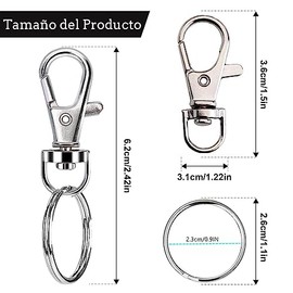 Ganchos para Llavero con Llaveros, Broches De Metal con Mosquetón Giratorios, para llavero con Cordón, Fabricación de Joyas, Manualidades - Plata (50 Ganchos Para Llavero + 50 Anillos De Llavero)