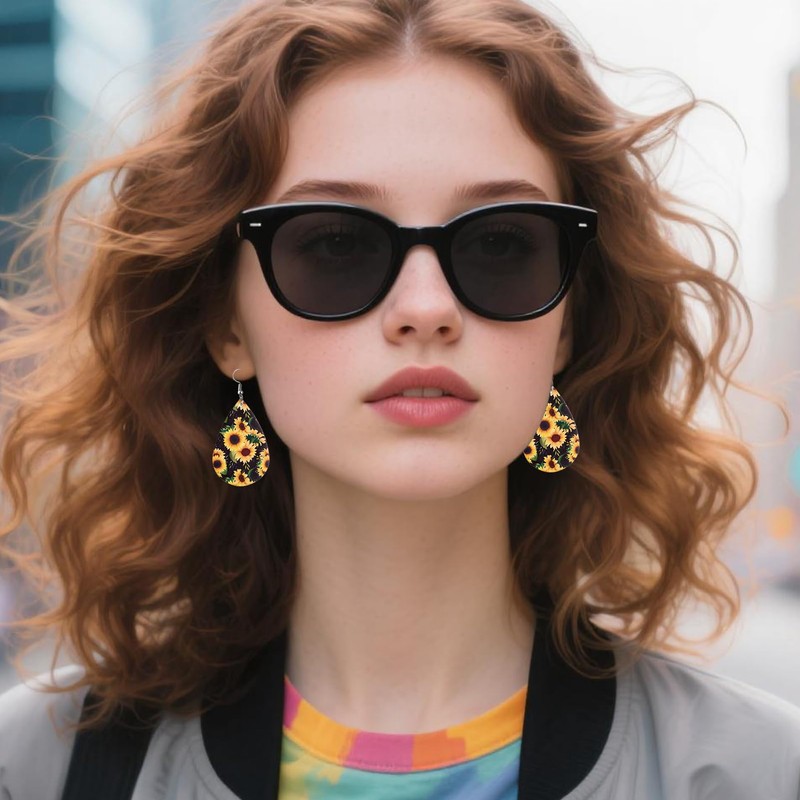 YINCUO Sunflower Earrings for Women Leather Teardrop Dangle Drop Jewelry