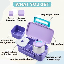 PIQUEBAR Kids Lunch Box with 8oz Thermo, Leakproof Bento Box with Insulated Bag, Kids Insulated Water Bottle, Food Lunch Container for Back to School Girls Boys, Purple
