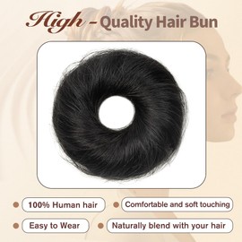 TANJET Messy Bun Hair Piece Human Hair Wavy Stretchy Jet Black 100% Real Human Hair Scrunchies Hair Bun Donut Elegant Chignon with Elastic Rubber Band Human Hair Tousled Updo Extension (#1 Jet Black)