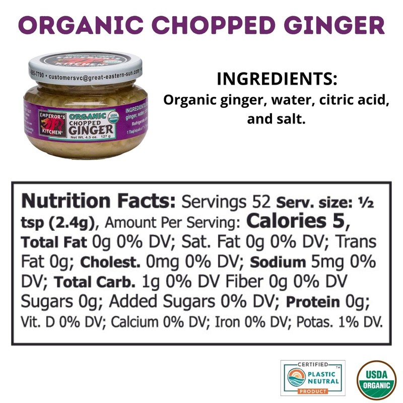 Emperor's Kitchen Organic Chopped Ginger 4.5 OZ Glass Jar (Pack