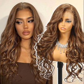 KOME Brown Synthetic Lace Front Wig,13×6 Curly Pre Plucked HD Lace Glueless Wig for Women Daily Use 24IN(4/27)