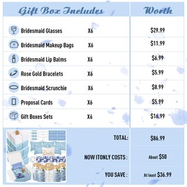 FillTouch 54 Pcs Bridesmaid Proposal Gifts Include Bridal Shower Wedding Gift Box Makeup Bags Invited Cards Glass Cup Lip Balm Scrunchies Hair Knotted Bracelets for Maid of Honor(Blue, White)