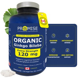 Promise Orthomolecular Nutraceuticals Promise Organic Ginkgo Biloba 120 Capsules, Extra Strength. 120 mg Per Capsule. Maximum Strength Brain Health, Wellness & Cardiovascular Support- Enhance Mental Clairty & Focus