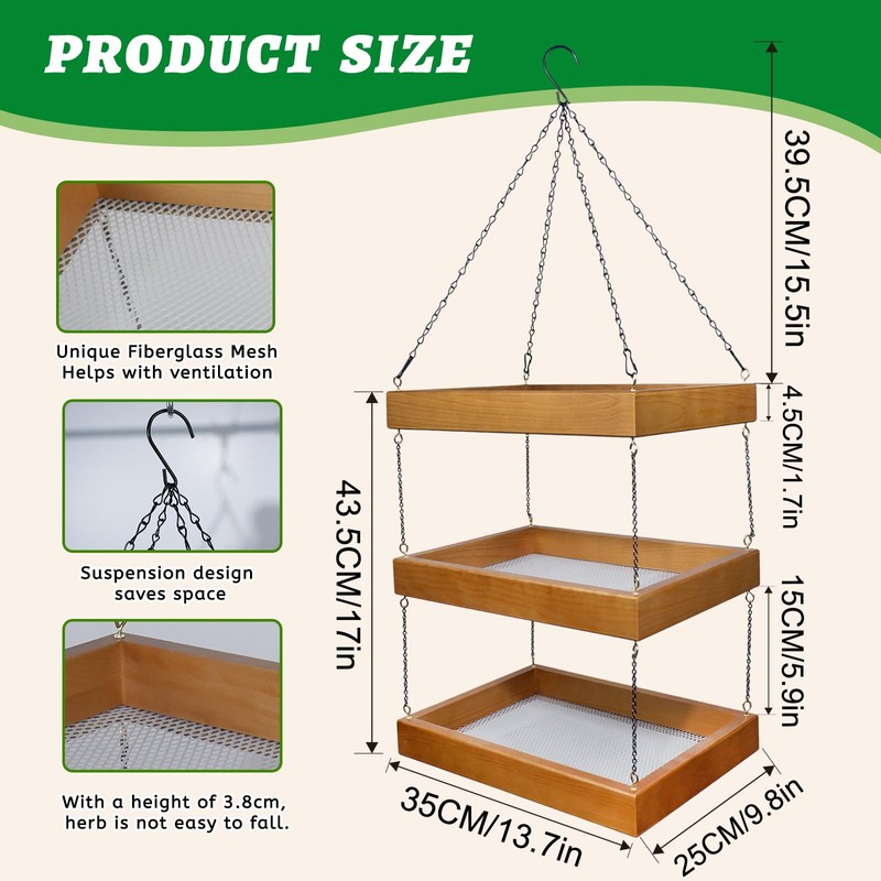 Tnstbiee 3-Tier Hanging Wooden Herb Drying Rack, Compact Mesh Flower