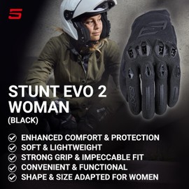 FIVE GLOVES Stunt EVO 2 Motorcycle Gloves for Women - Riding Gloves for Motorcycle, Scooter and More, Black, S-08