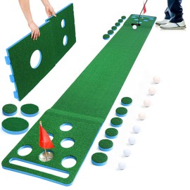Chriiena Golf Putting Mat, Extendable Practice Golf Pong-Game Set with 4 connectable Putting Pads,Includes 8pcs Golf Balls and Portable Bag for Indoor Outdoor Party Game Use (Blue)