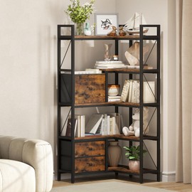 CHOEZON Corner Bookshelf, 5-Tier L-Shaped Bookcase with Drawers and Storage Basket, Industrial Corner Shelf, Tall Display Shelf for Living Room, Home Office, Rustic Brown and Black TSJ13BF