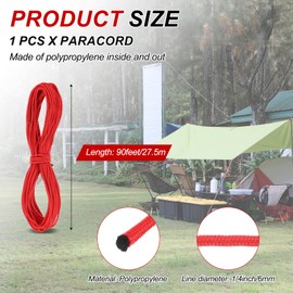 MECCANIXITY 1/4 Inch 90 Feet Polypropylene Rope,Solid Braided Utility Rope All Purpose Boat Marine Cord for Camping,Flag Pole,Clothesline,Outdoor,Red