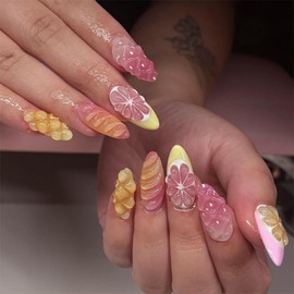 Fruit Press on Nails Short Almond Stick on Nails with Yellow Pink French Tips Design 3D Pink Lemon False Nails Orange Strawberry Fake Nails Glossy Summer Glue on Nails for Women Girls Manicure 24Pcs