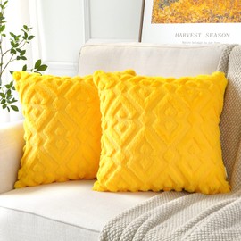 Artscope Set of 2 Wool Cushion Covers, Soft, Plush, Short Wool Velvet, Decorative, European for Sofa, Bedroom, Geometric Design, Gold-Yellow, 40 x 40 cm