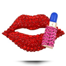 Reizteko Hot Lips Lipstick Rhinestone Brooch Pin Women Jewelry Sweater Shawl Scarf Buckle (Red)