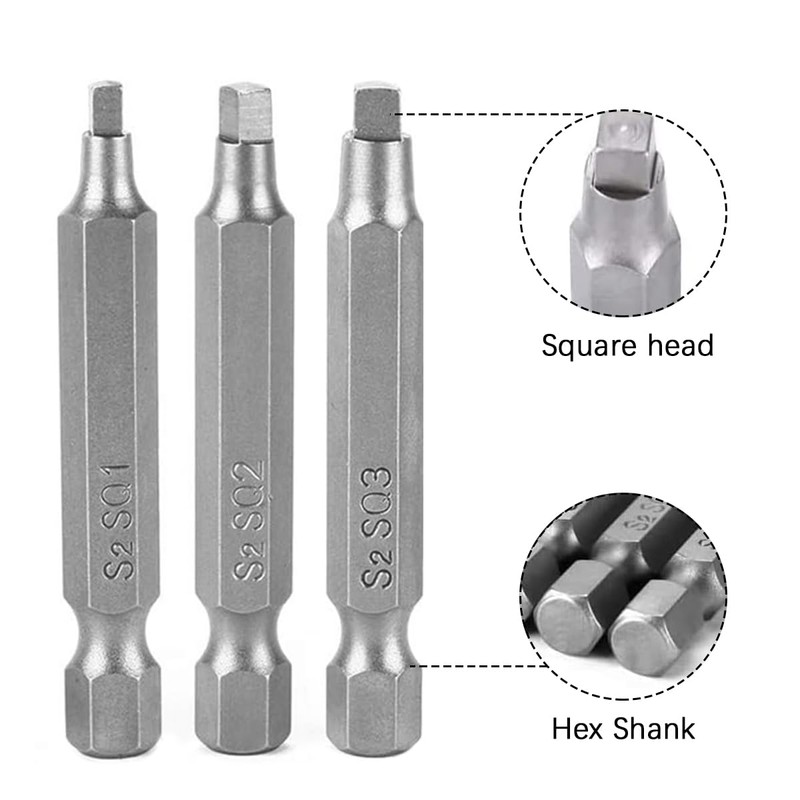 50mm Magnetic Square Head Screwdriver Bits with 1/4 Inch Hex
