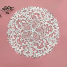 SYSUII Pack of 2 Lace Round Embroidered Table Runner, Handmade Laced Lace Table Runner, Coasters, Crochet Table Runner, Lace Doilies, Place Mats for Wedding, Festival, Table Decoration, White